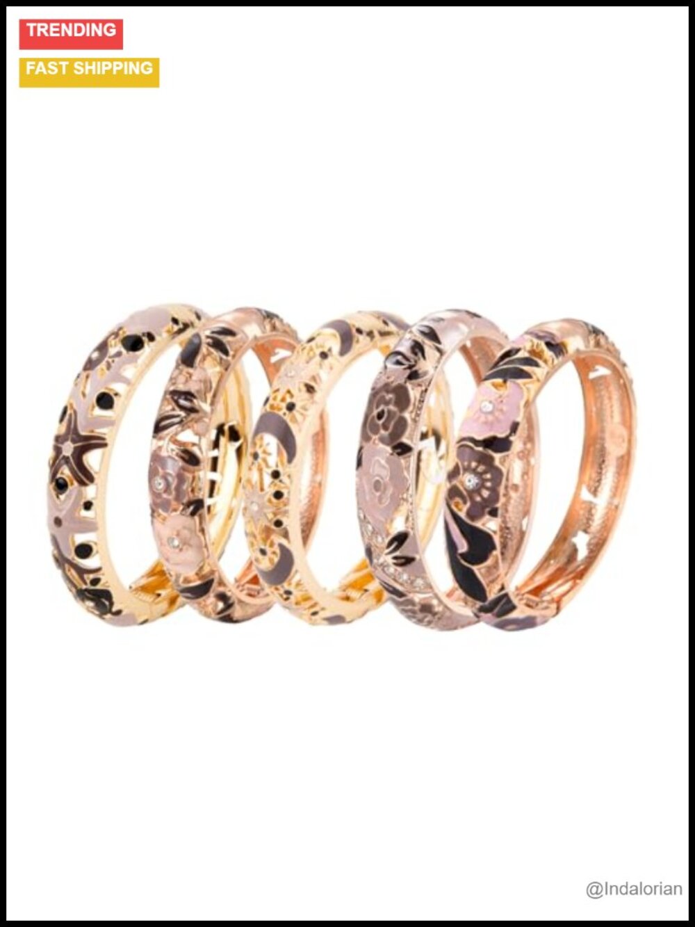 Enamel Bangle Bracelets 5-Pack, Rose Gold Plated Cloisonne Floral Cuff